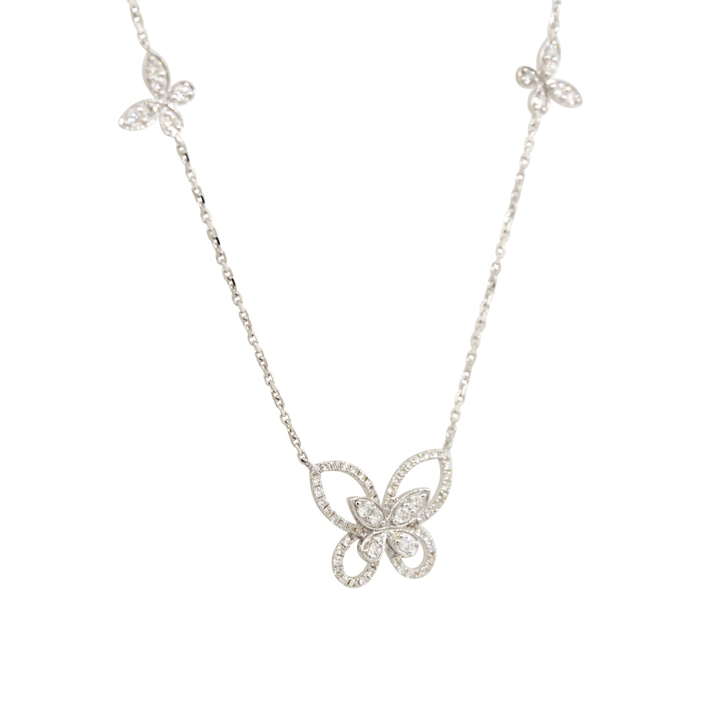 18k White Gold 0.86ctw Diamond Butterfly Necklace with 4 Butterfly Stations