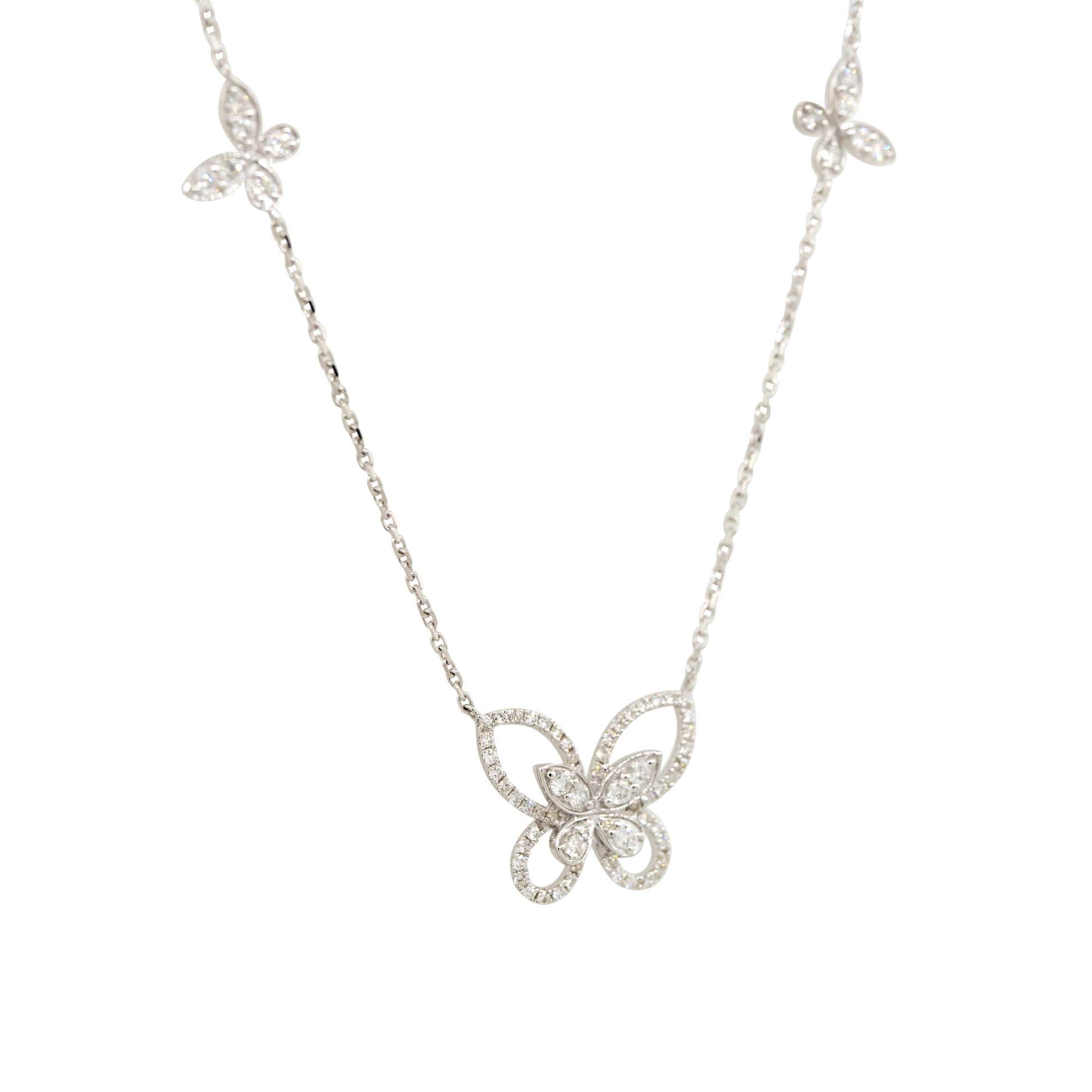 18k White Gold 0.86ctw Diamond Butterfly Necklace with 4 Butterfly Stations