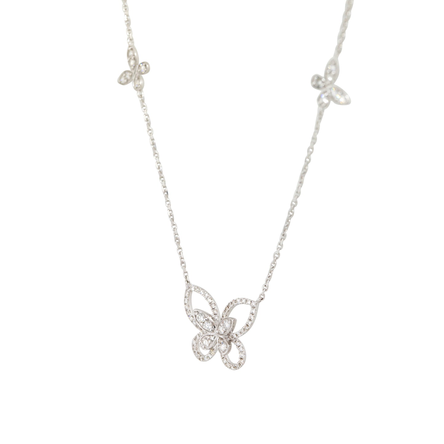18k White Gold 0.86ctw Diamond Butterfly Necklace with 4 Butterfly Stations
