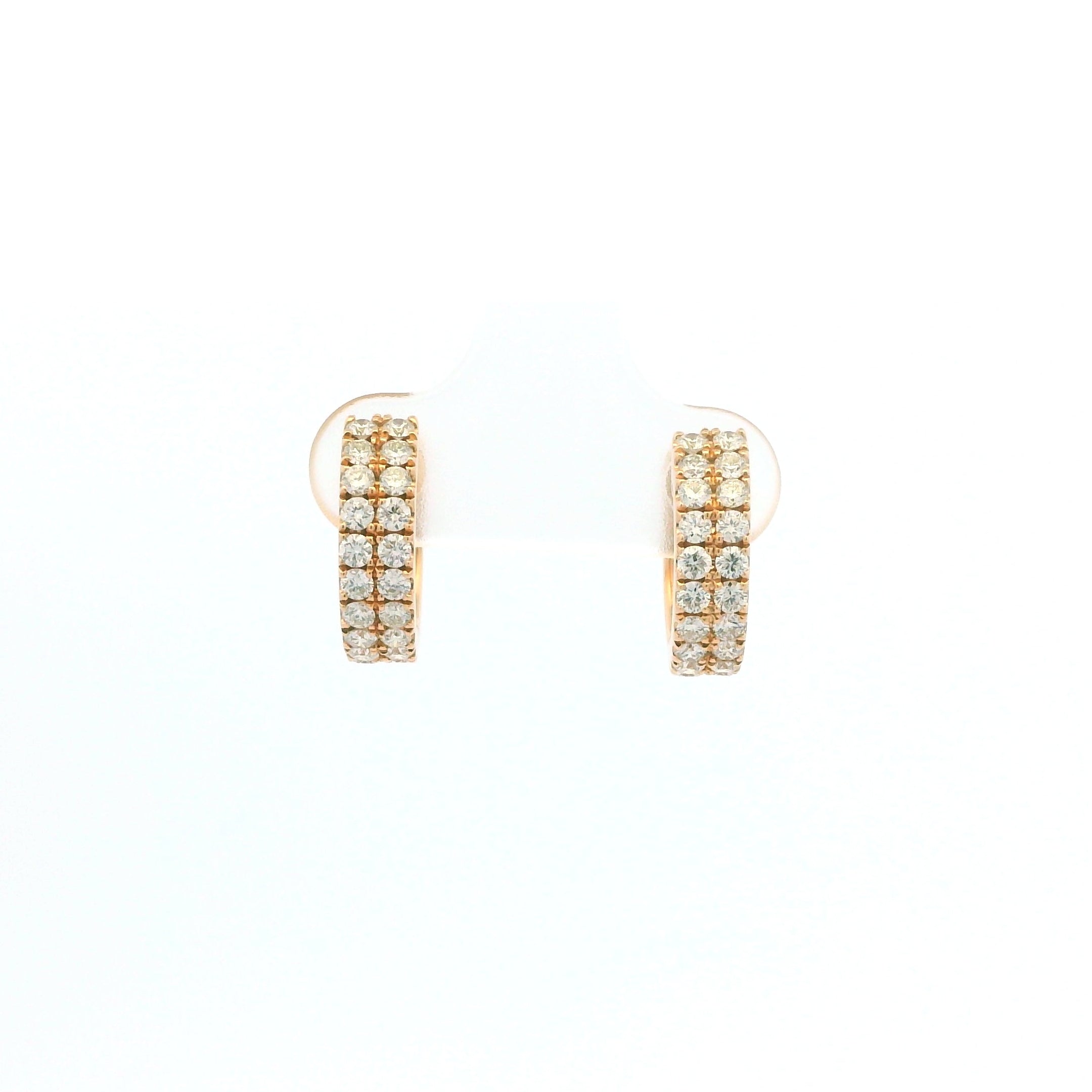 14K Rose Gold Natural Round Brilliant Cut Diamond Double Row Huggie Earrings