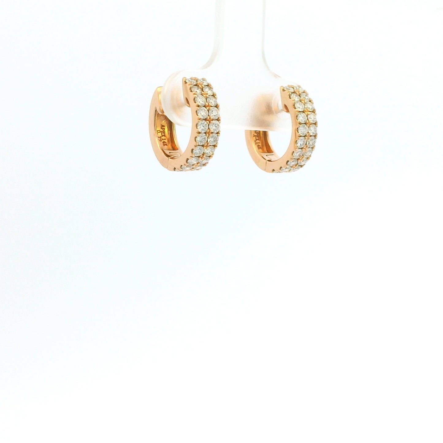 14K Rose Gold Natural Round Brilliant Cut Diamond Double Row Huggie Earrings