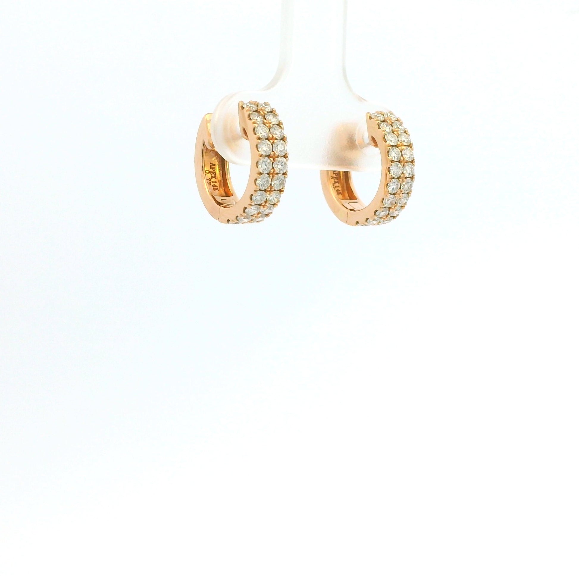 14K Rose Gold Natural Round Brilliant Cut Diamond Double Row Huggie Earrings