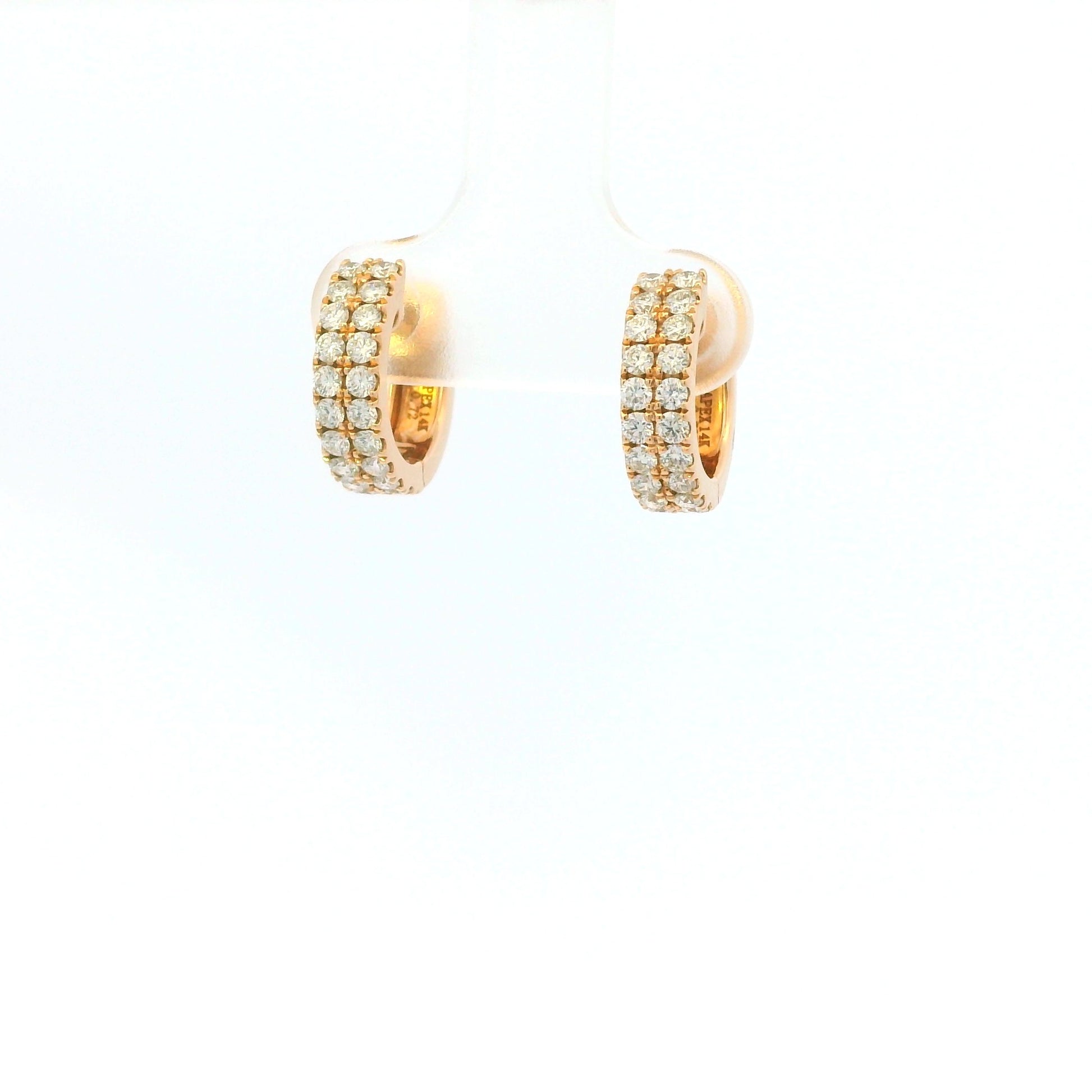 14K Rose Gold Natural Round Brilliant Cut Diamond Double Row Huggie Earrings