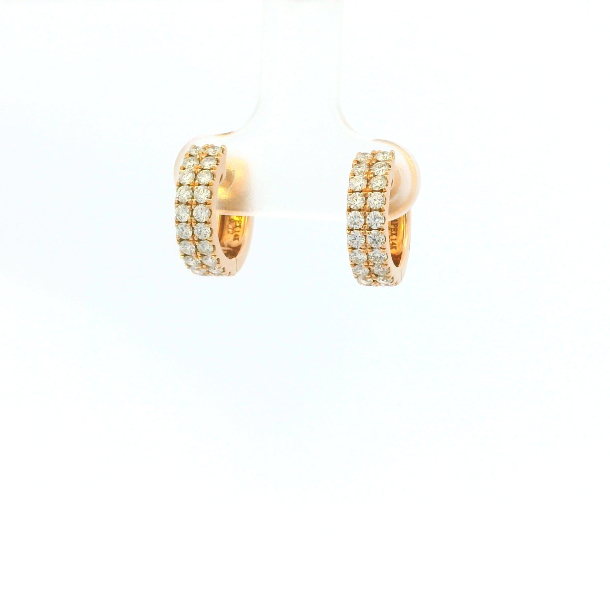 14K Rose Gold Natural Round Brilliant Cut Diamond Double Row Huggie Earrings