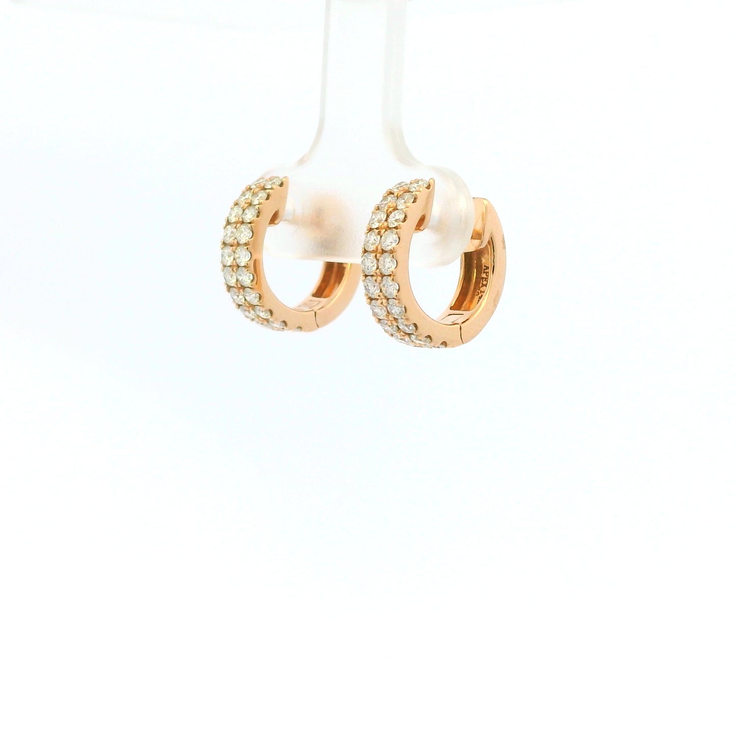 14K Rose Gold Natural Round Brilliant Cut Diamond Double Row Huggie Earrings