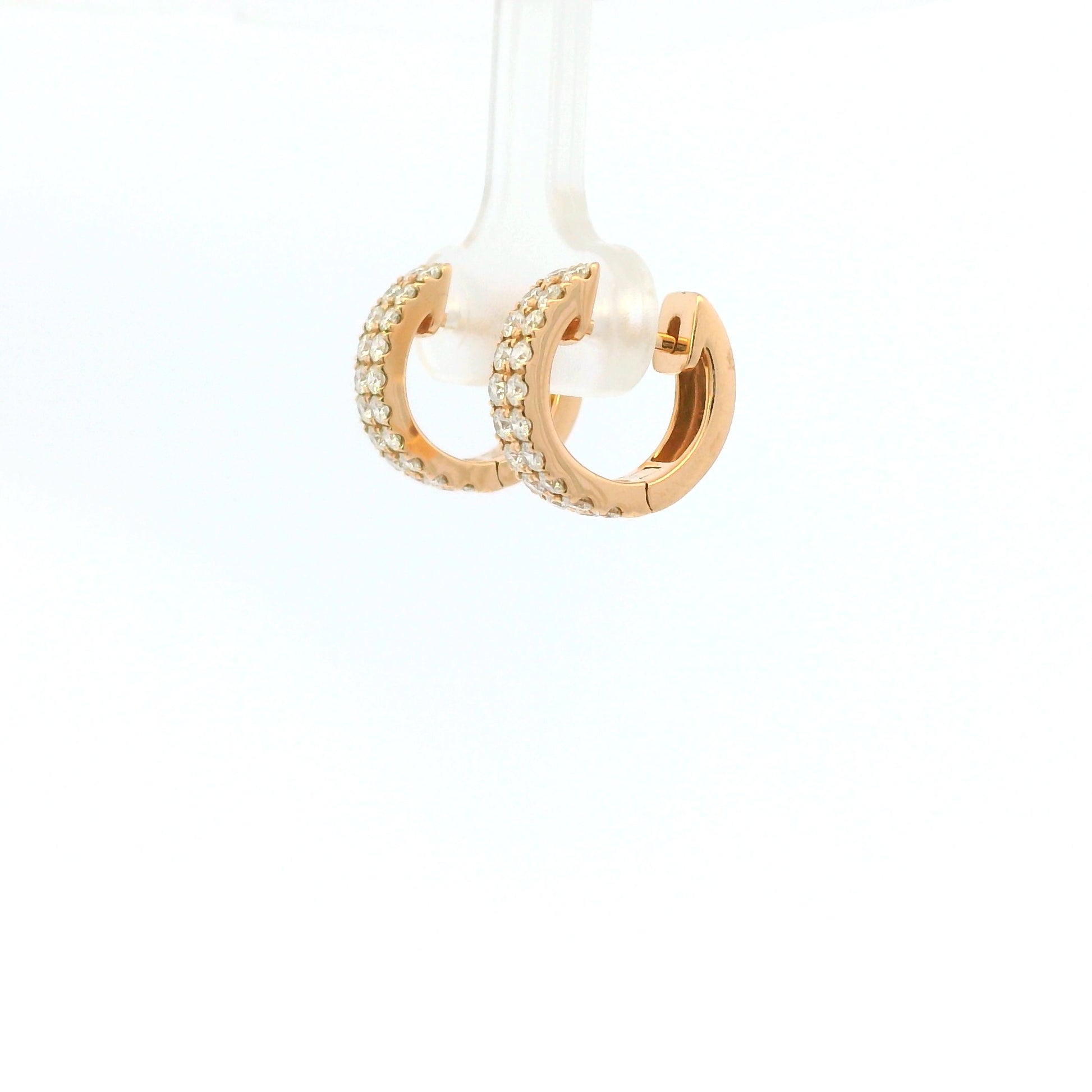14K Rose Gold Natural Round Brilliant Cut Diamond Double Row Huggie Earrings