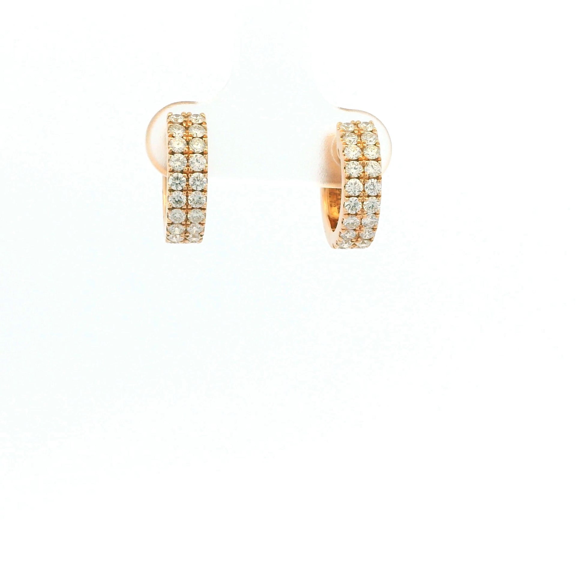 14K Rose Gold Natural Round Brilliant Cut Diamond Double Row Huggie Earrings