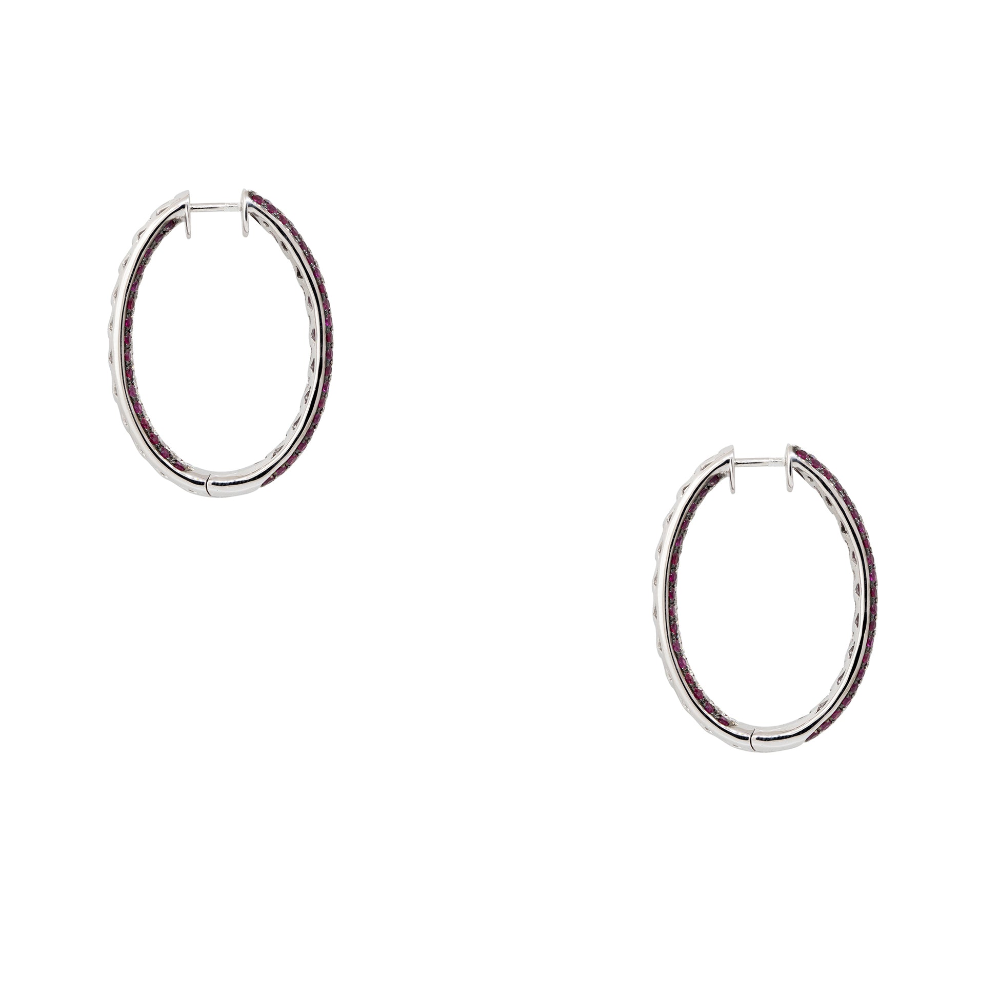 18k White Gold 3.45ctw Ruby & 1.42ctw Diamond Inside Out 3-Row Hoop Earrings