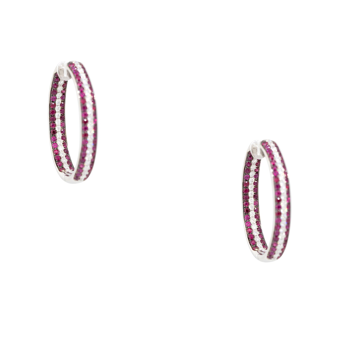 18k White Gold 3.45ctw Ruby & 1.42ctw Diamond Inside Out 3-Row Hoop Earrings