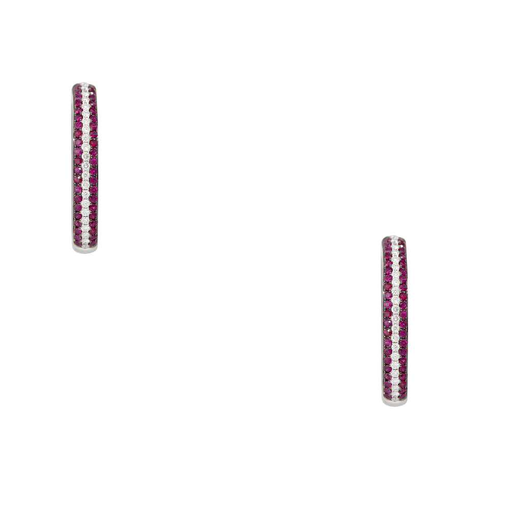 18k White Gold 3.45ctw Ruby & 1.42ctw Diamond Inside Out 3-Row Hoop Earrings