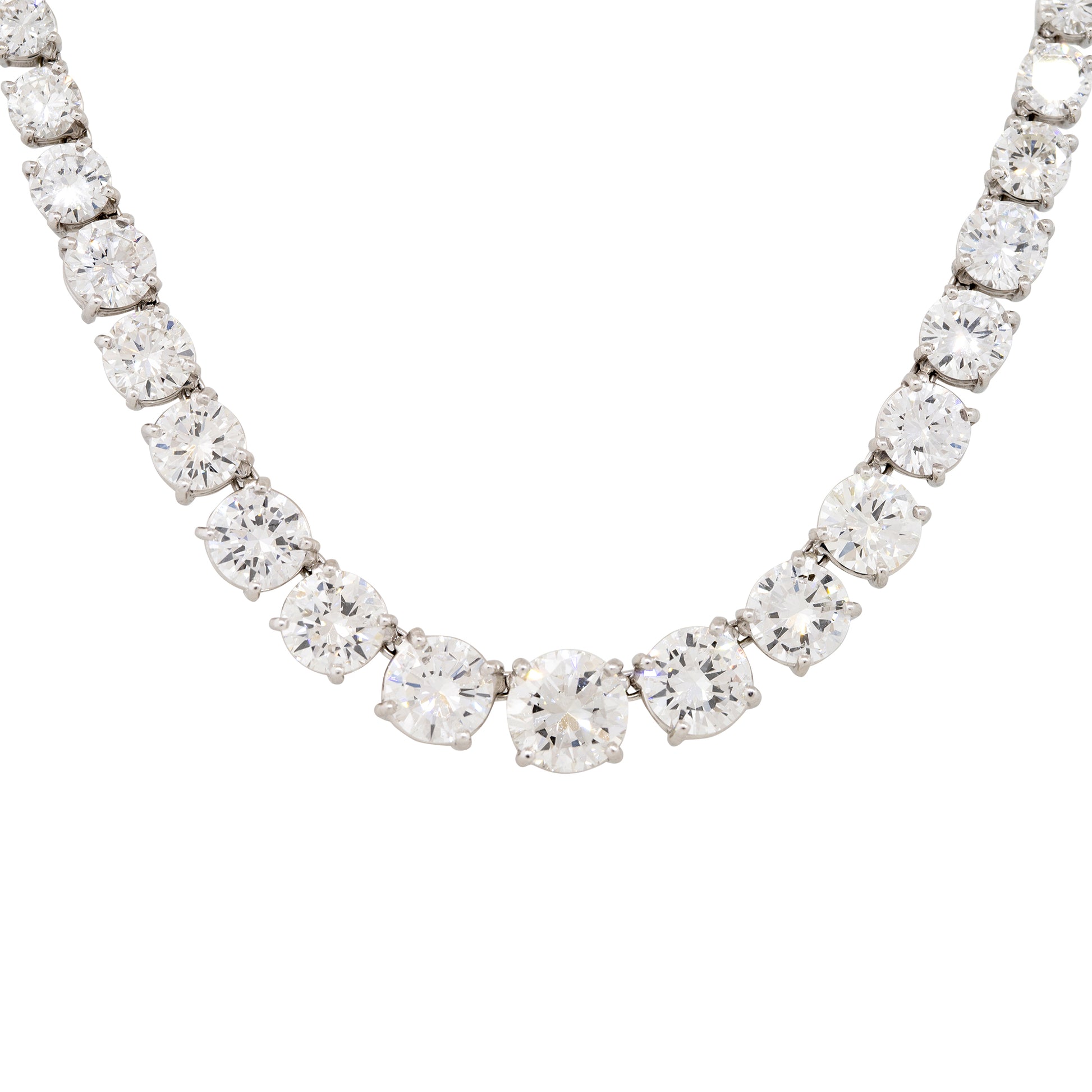 Platinum Natural 28.71 Carat Round Brilliant Cut Graduated Diamond Tennis Necklace