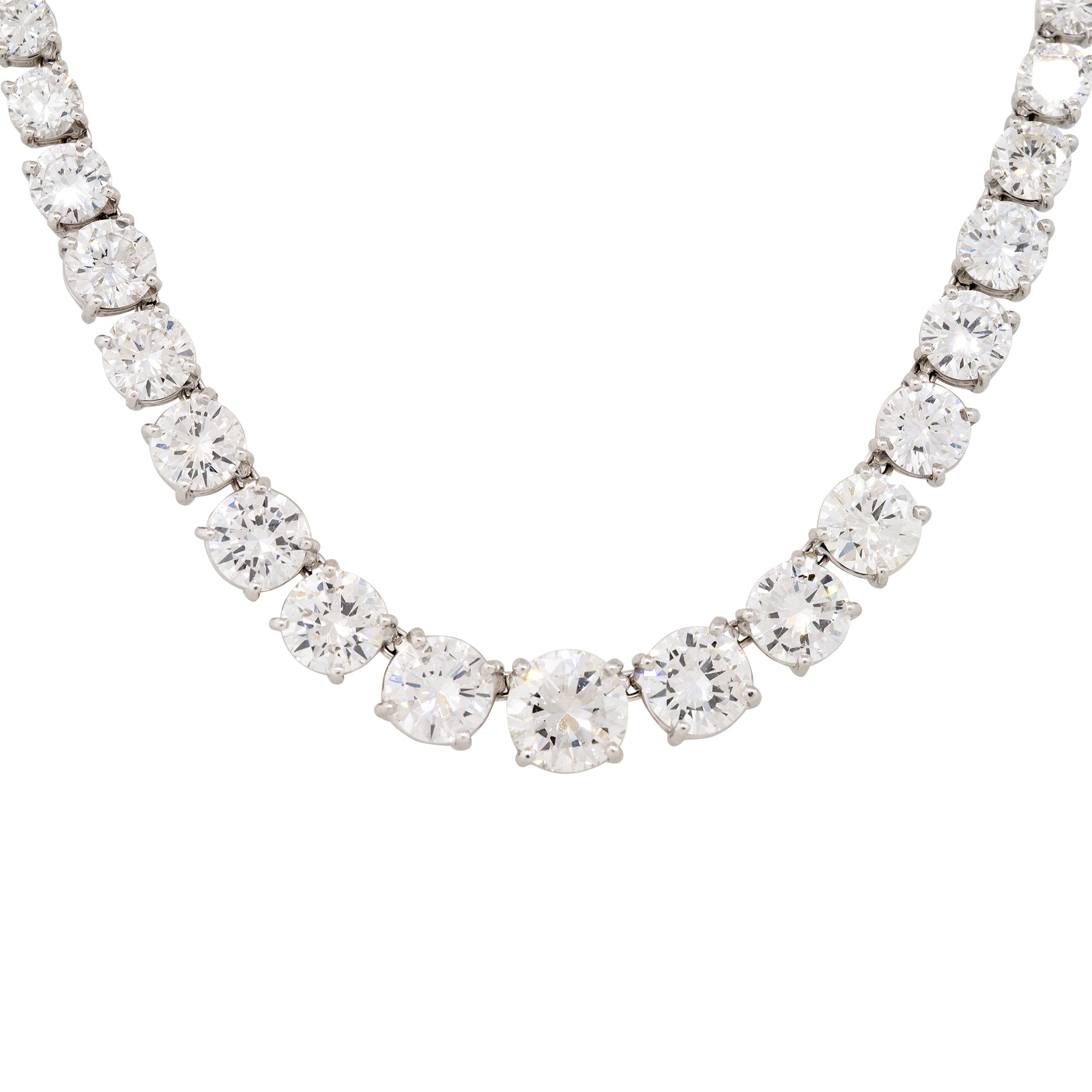 Platinum Natural 28.71 Carat Round Brilliant Cut Graduated Diamond Tennis Necklace