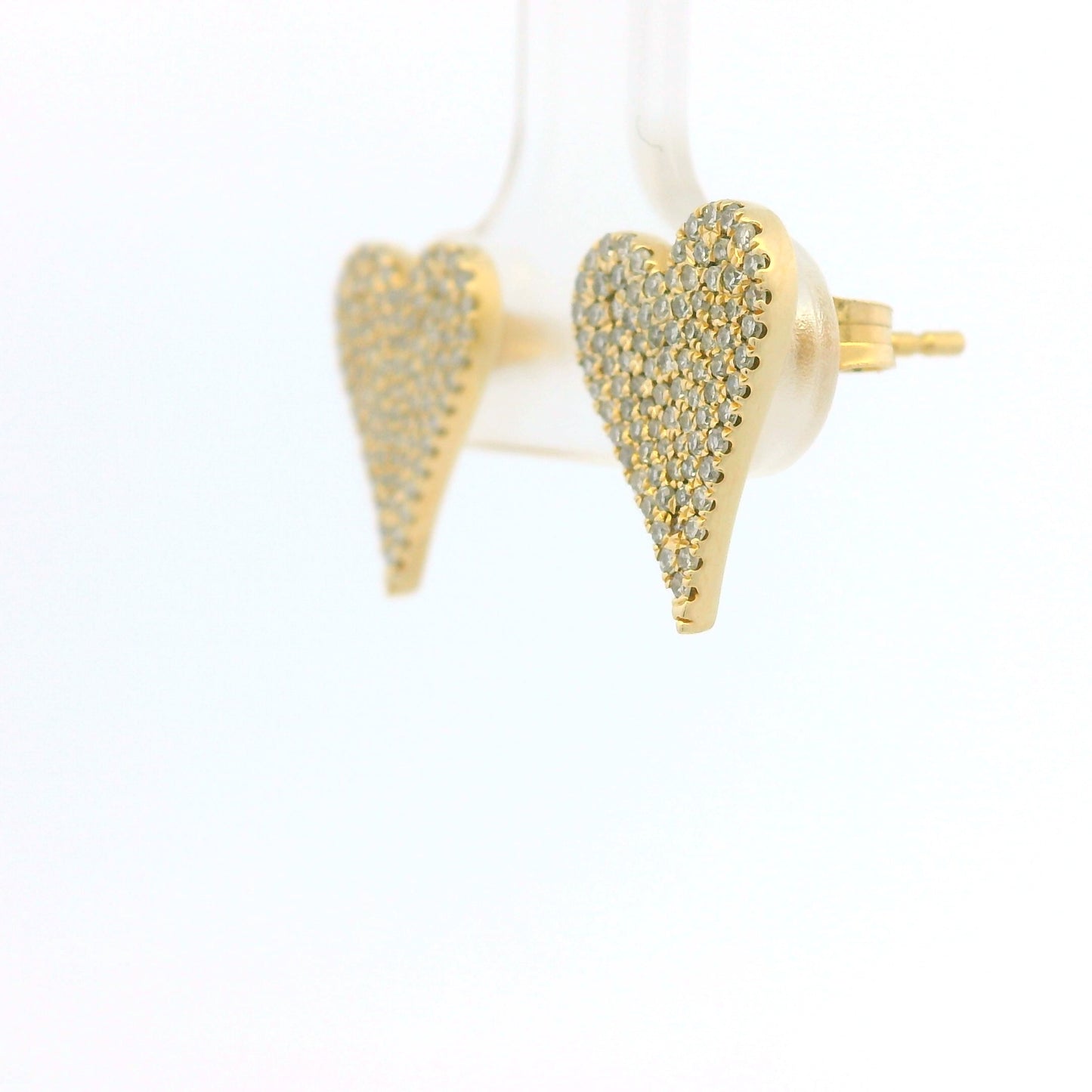 14K Yellow Gold Natural Round Diamond Pave Heart Stud Earrings