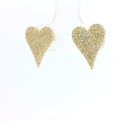 14K Yellow Gold Natural Round Diamond Pave Heart Stud Earrings