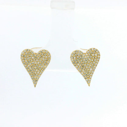 14K Yellow Gold Natural Round Diamond Pave Heart Stud Earrings