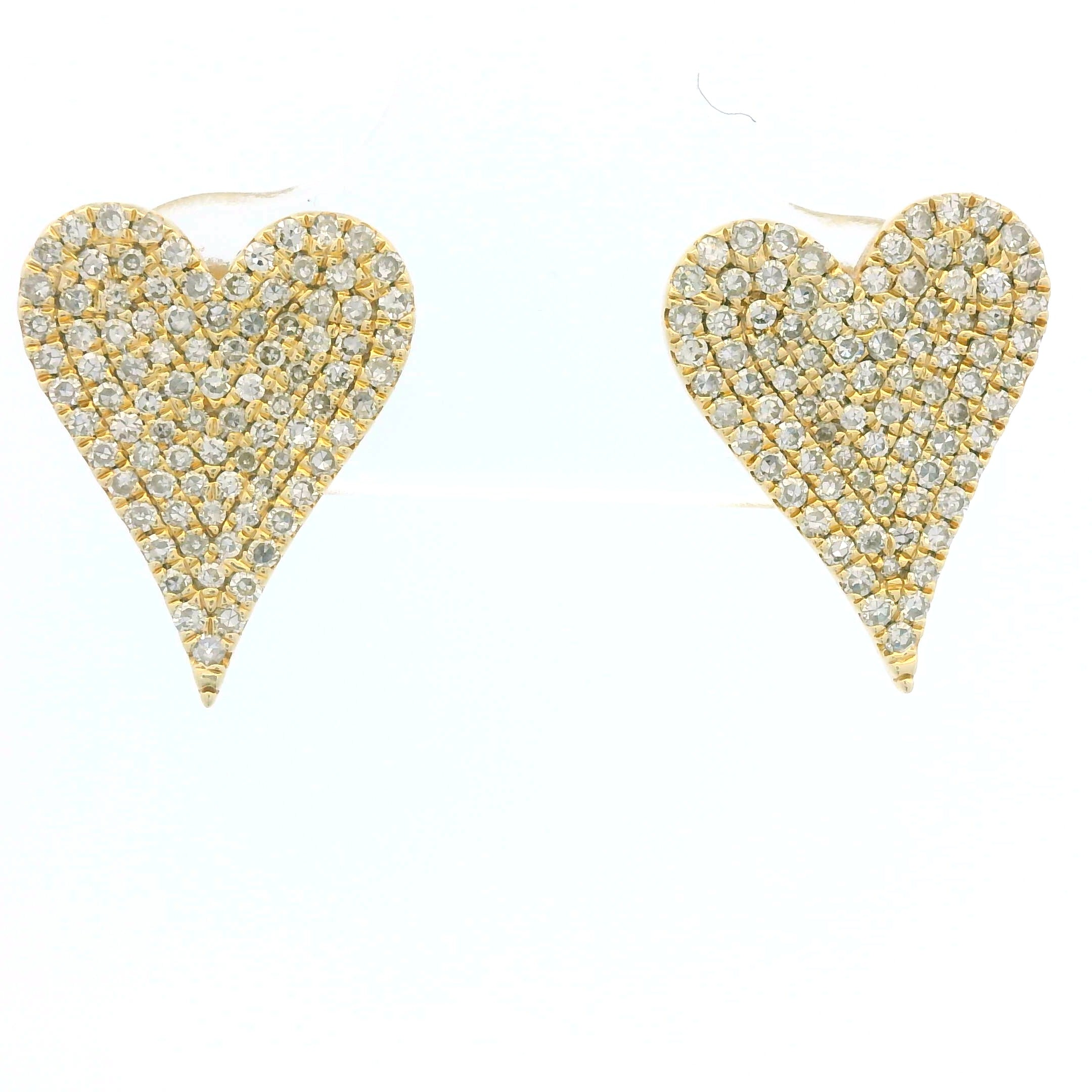 14K Yellow Gold Natural Round Diamond Pave Heart Stud Earrings