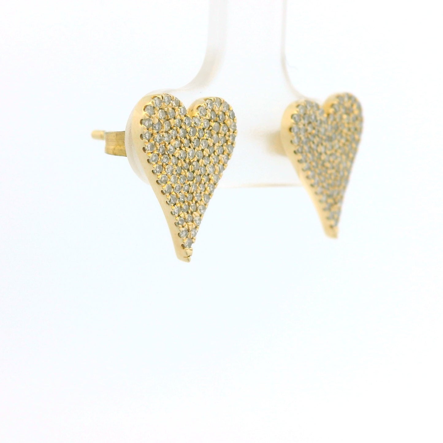 14K Yellow Gold Natural Round Diamond Pave Heart Stud Earrings
