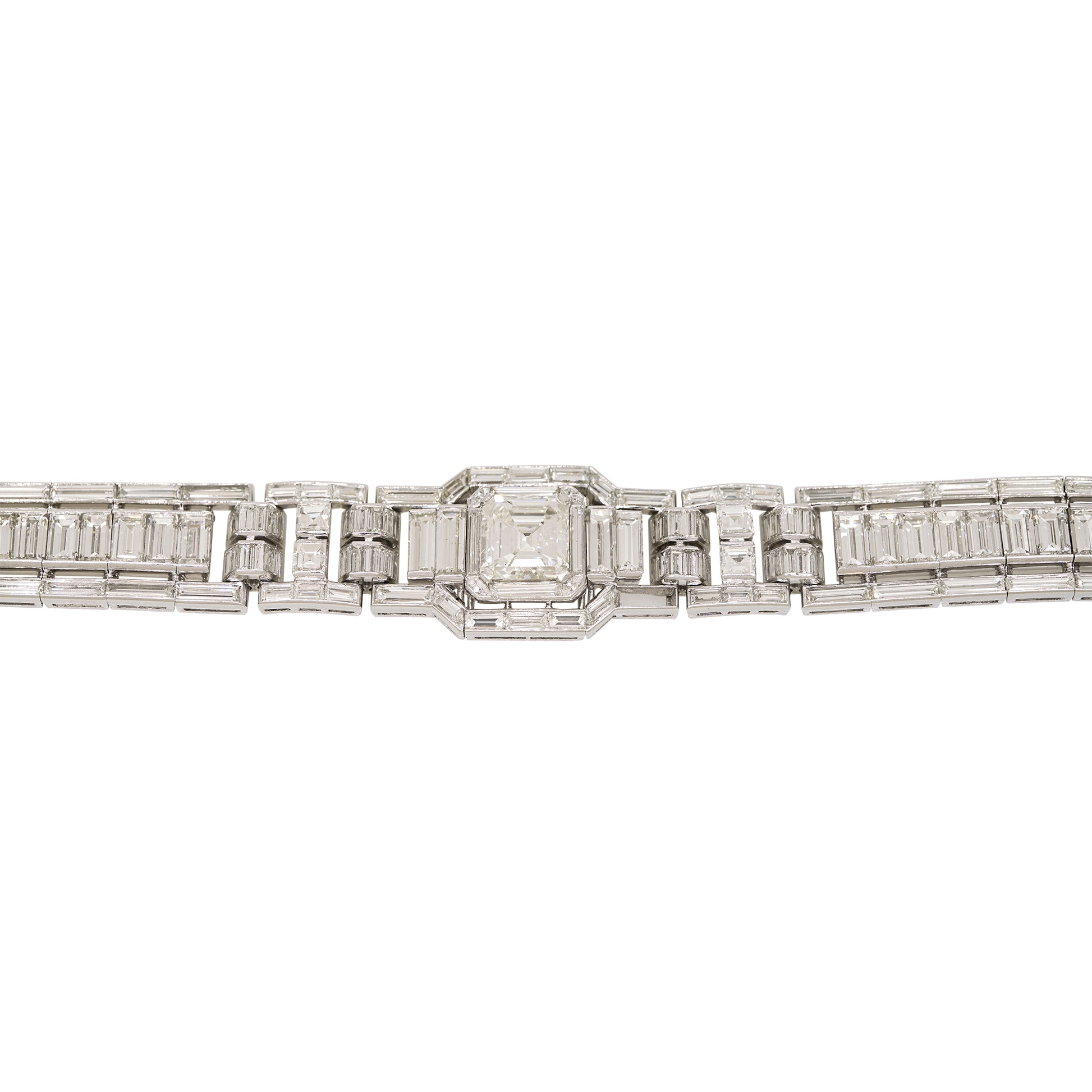 GIA Platinum Natural Emerald Cut & Multi-Shape Diamond Art-Deco Style Bracelet