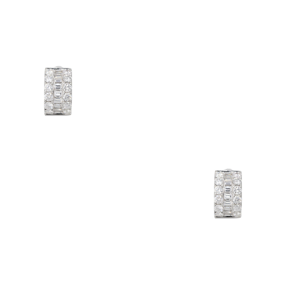 18k White Gold 2.10ctw Round Brilliant & Baguette Diamond Mini Huggie Hoop Earrings