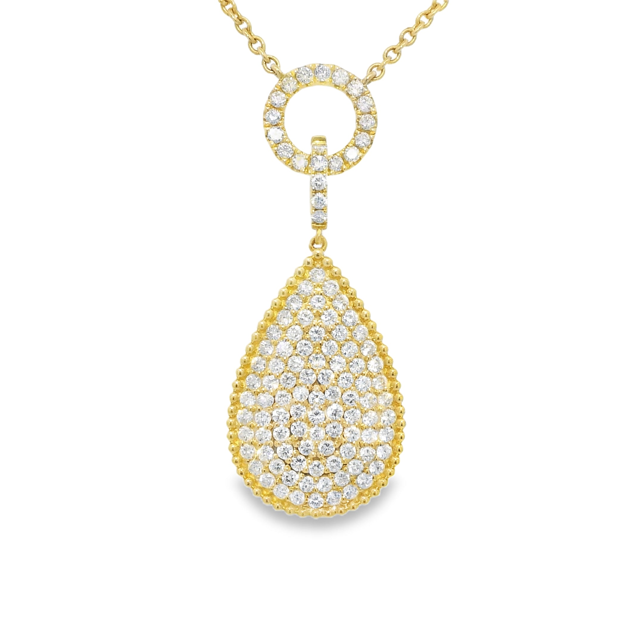 18k Yellow Gold Natural 1.85 Carat Pave Diamond Tear-Drop Necklace
