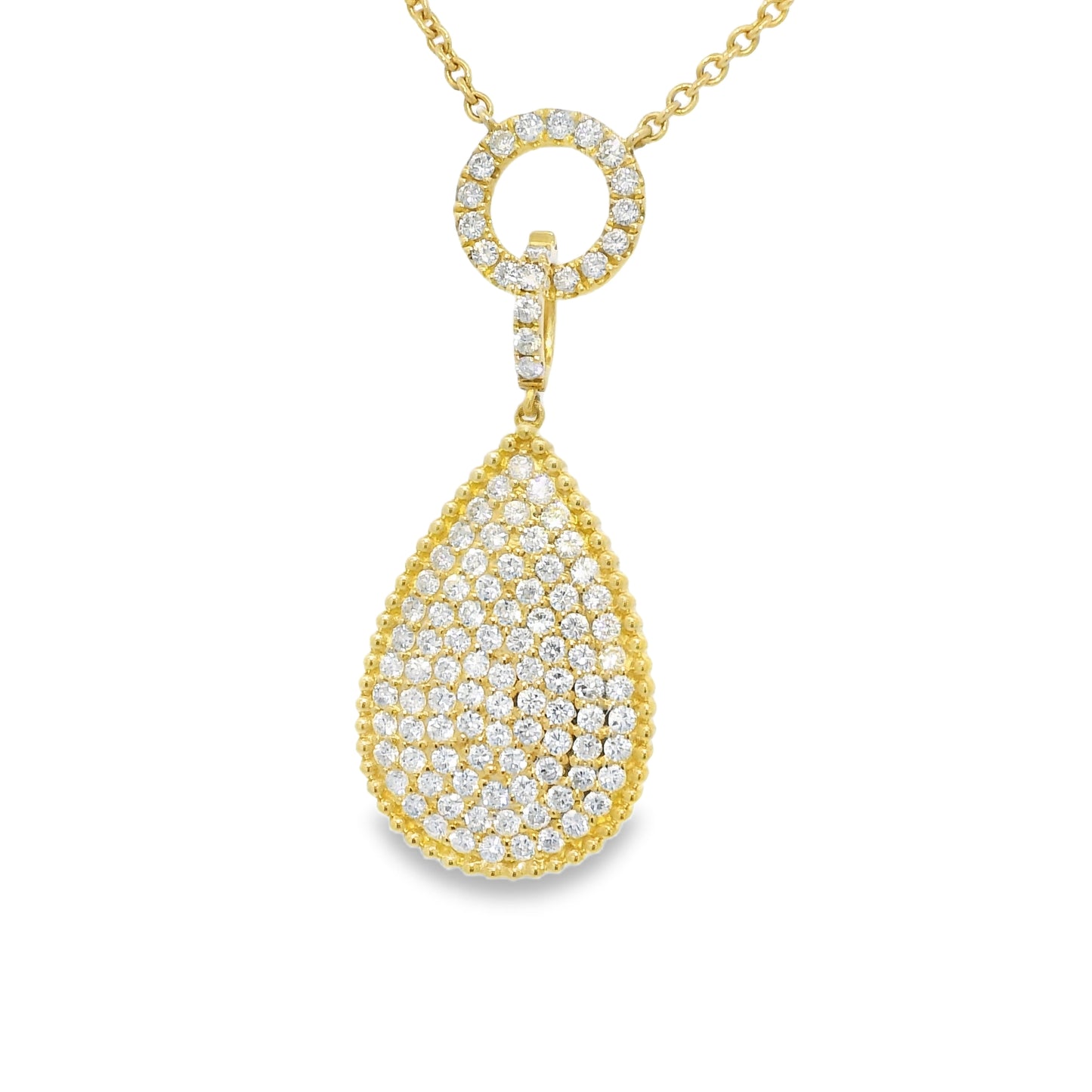 18k Yellow Gold Natural 1.85 Carat Pave Diamond Tear-Drop Necklace