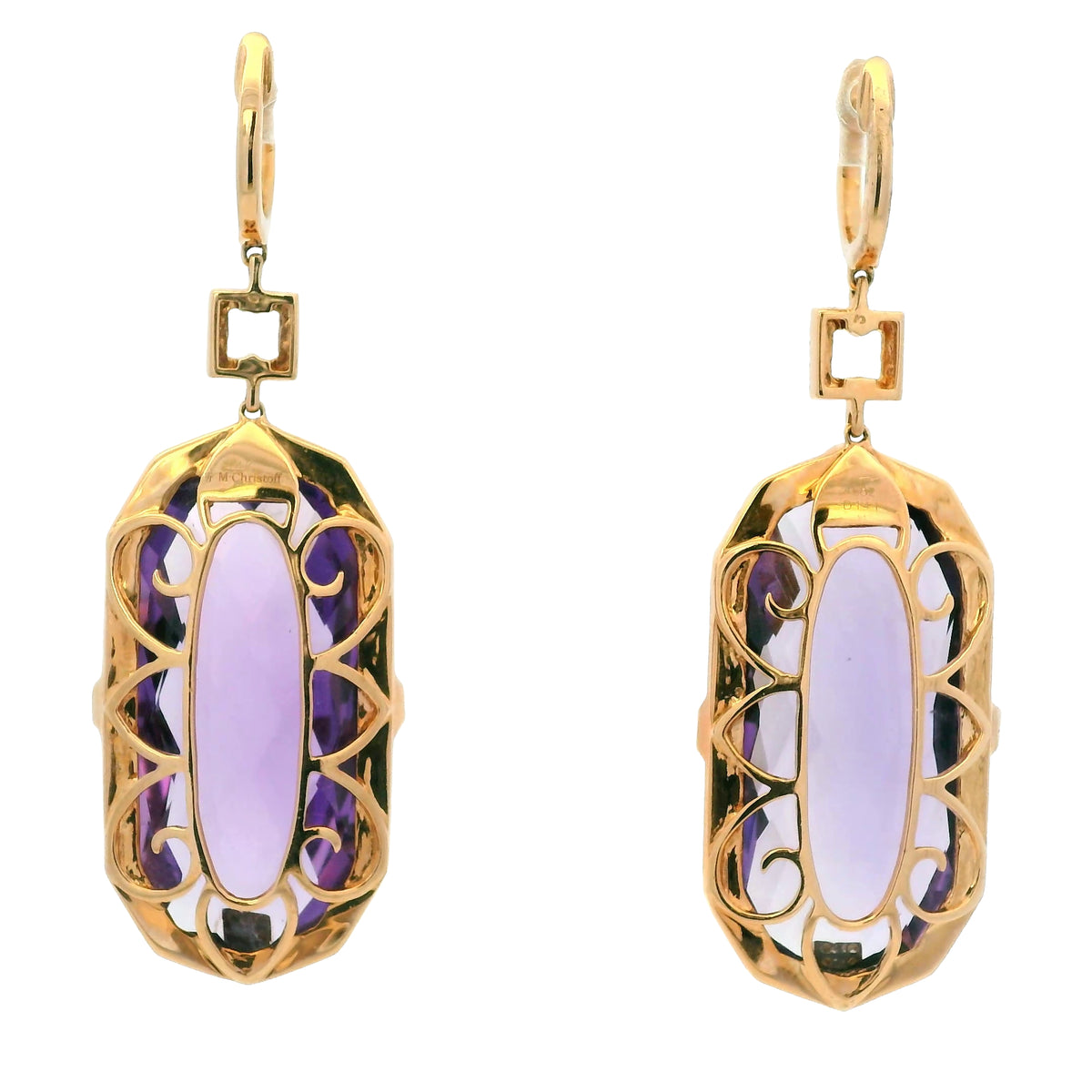 14K Rose Gold Purple Amethyst and Natural Diamond Long Drop Earrings