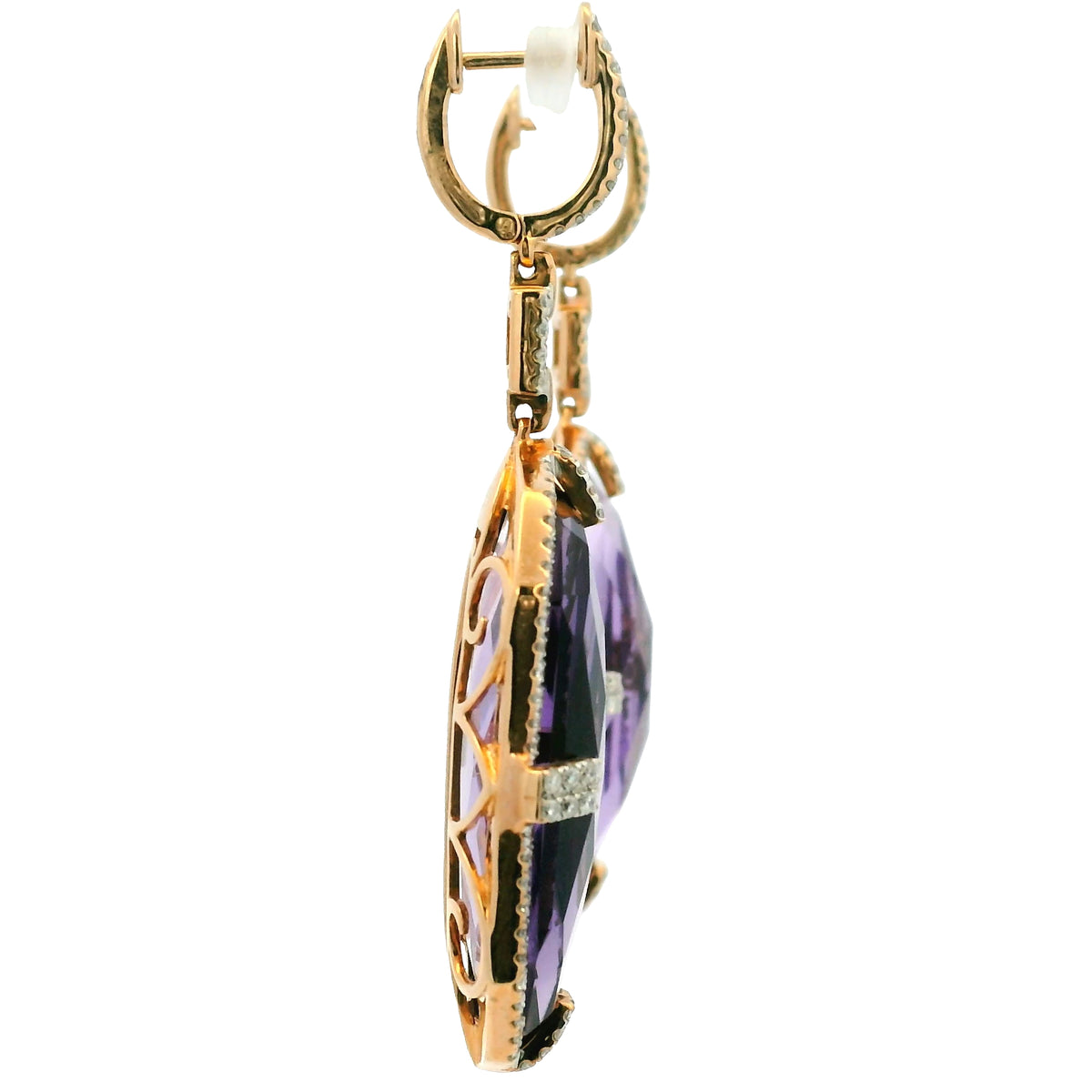 14K Rose Gold Purple Amethyst and Natural Diamond Long Drop Earrings