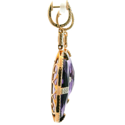 14K Rose Gold Purple Amethyst and Natural Diamond Long Drop Earrings