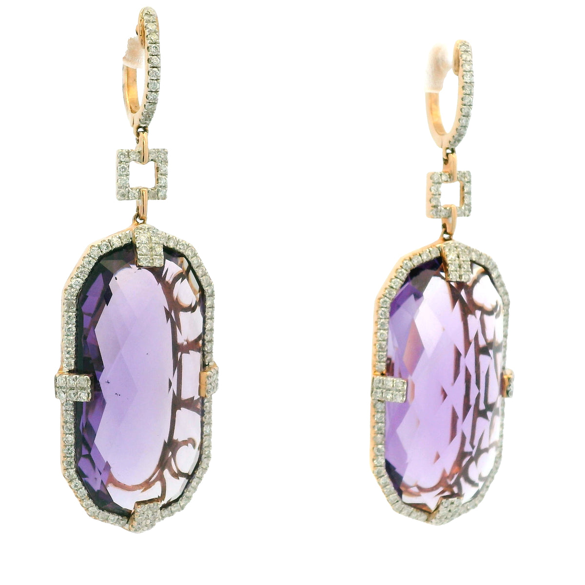 14K Rose Gold Purple Amethyst and Natural Diamond Long Drop Earrings