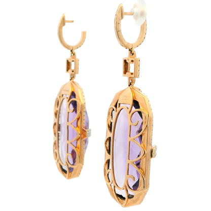 14K Rose Gold Purple Amethyst and Natural Diamond Long Drop Earrings