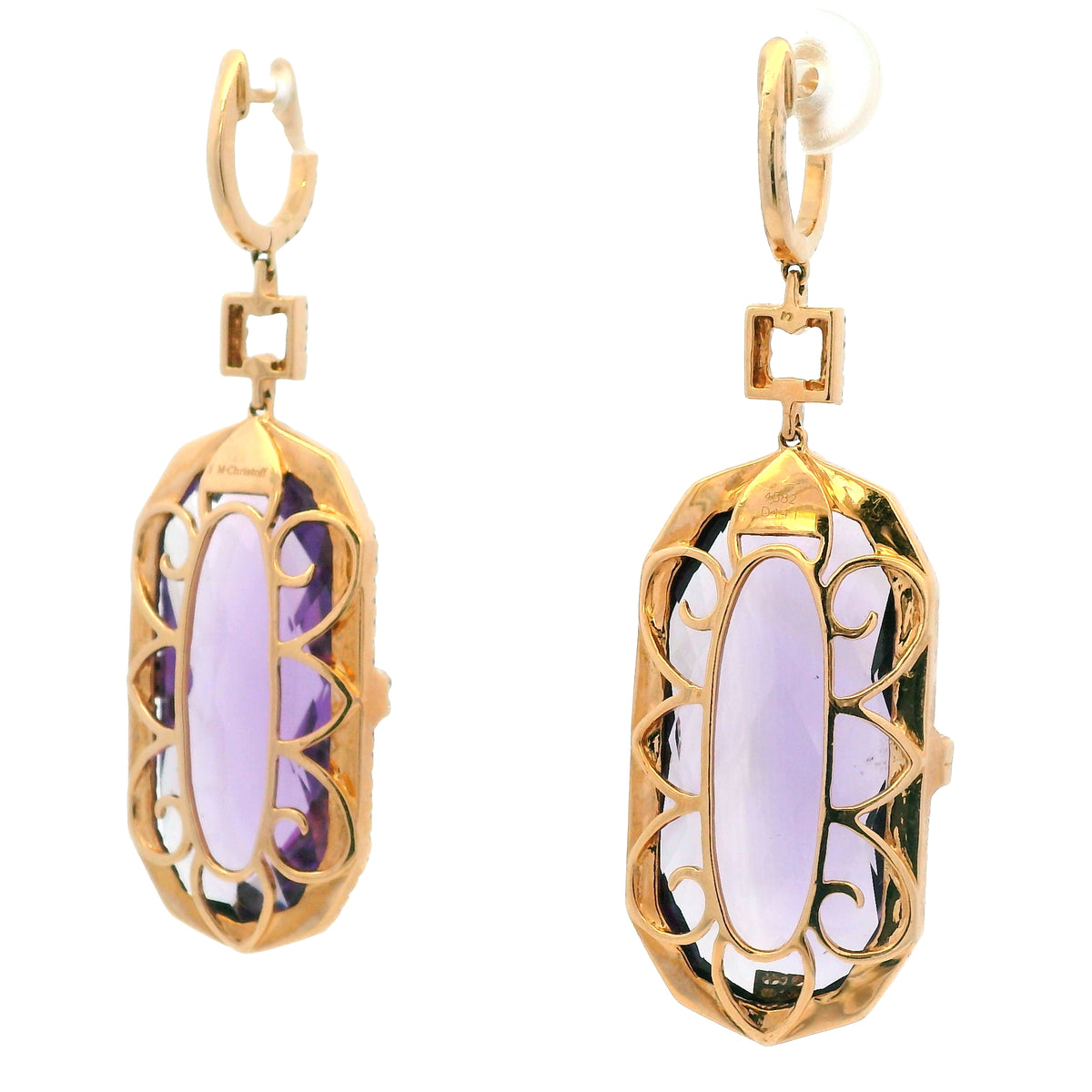 14K Rose Gold Purple Amethyst and Natural Diamond Long Drop Earrings