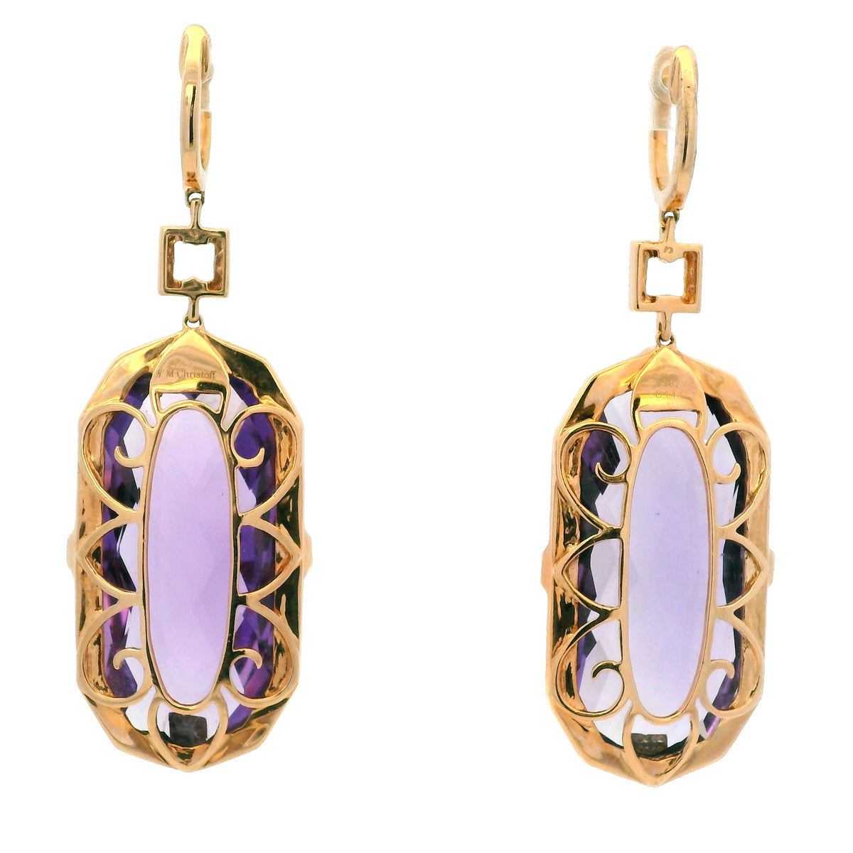 14K Rose Gold Purple Amethyst and Natural Diamond Long Drop Earrings