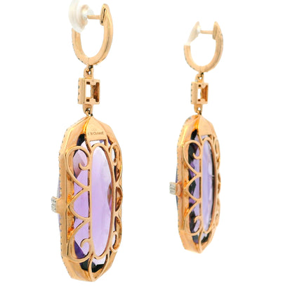 14K Rose Gold Purple Amethyst and Natural Diamond Long Drop Earrings