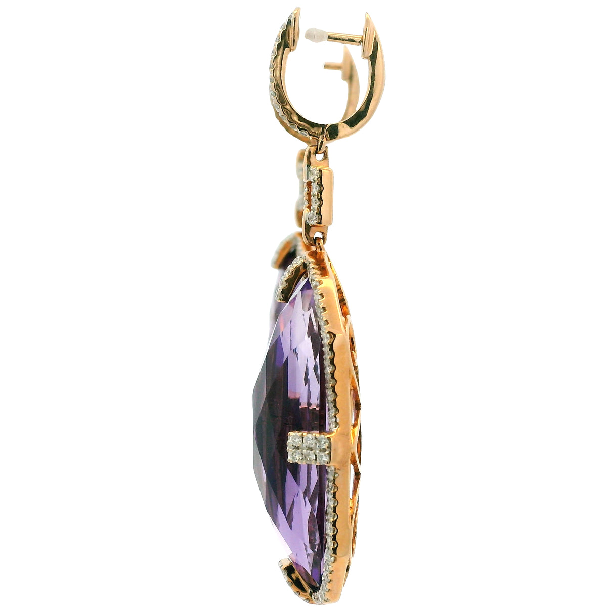 14K Rose Gold Purple Amethyst and Natural Diamond Long Drop Earrings