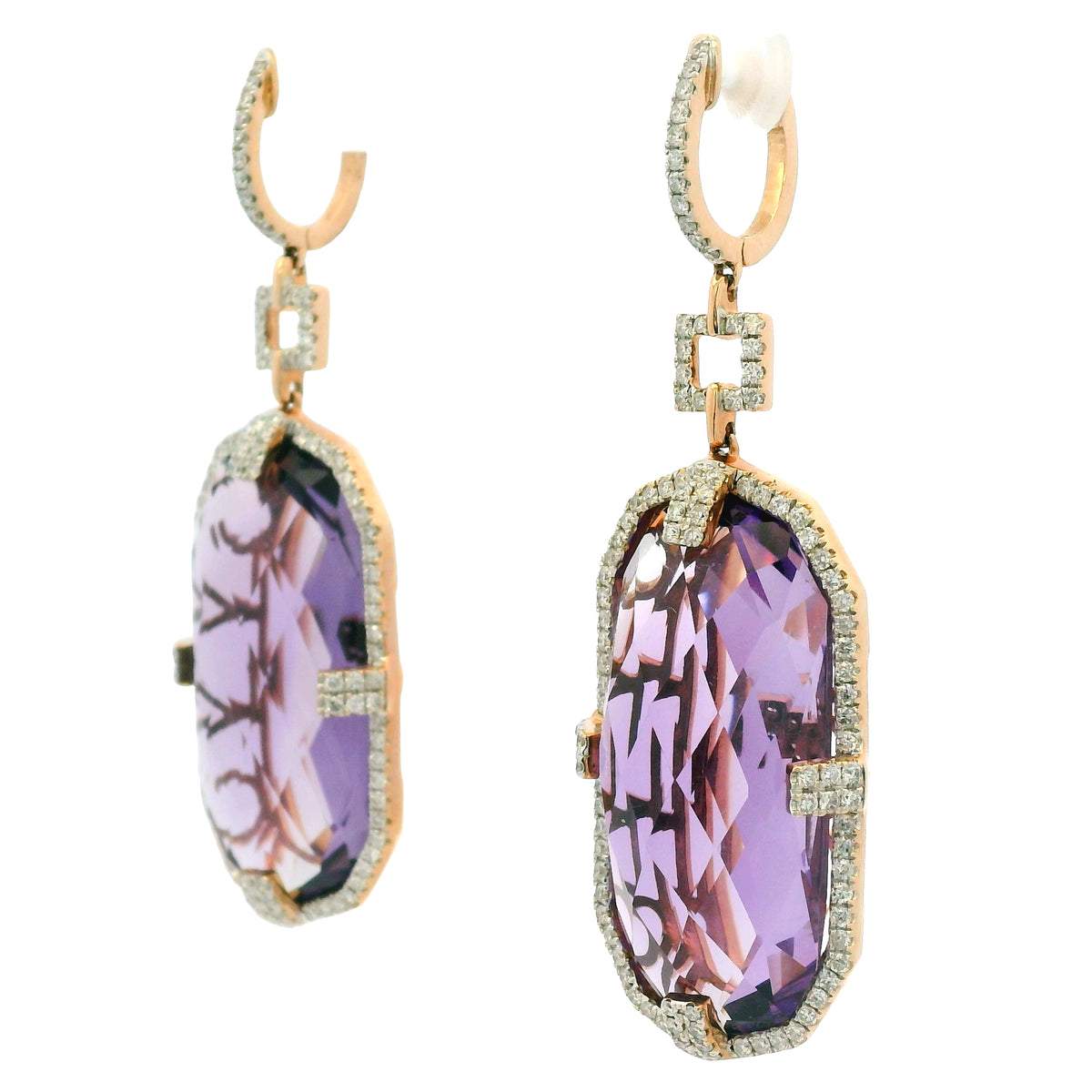 14K Rose Gold Purple Amethyst and Natural Diamond Long Drop Earrings
