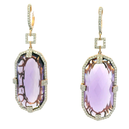 14K Rose Gold Purple Amethyst and Natural Diamond Long Drop Earrings