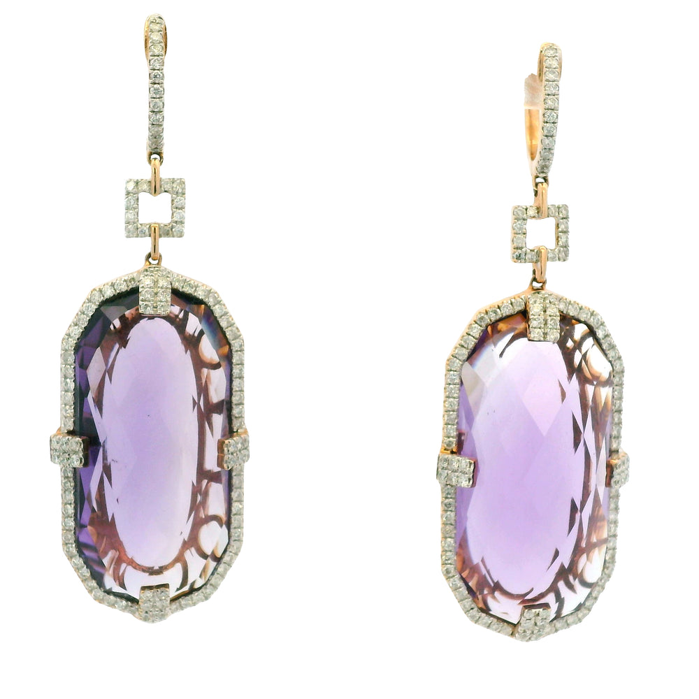 14K Rose Gold Purple Amethyst and Natural Diamond Long Drop Earrings