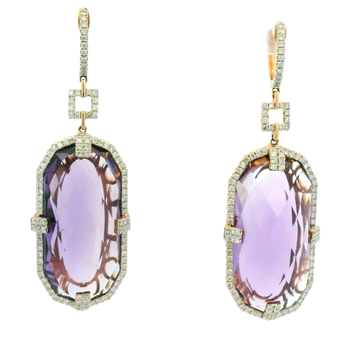 14K Rose Gold Purple Amethyst and Natural Diamond Long Drop Earrings