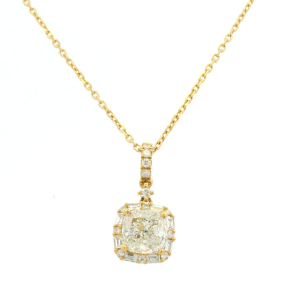 GIA 18K Yellow Gold 1.00 Carat Cushion Cut Diamond Halo Pendant Necklace