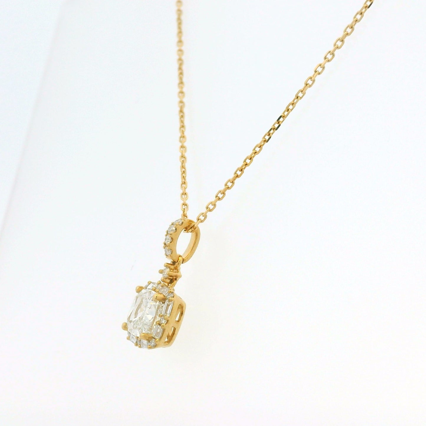 GIA 18K Yellow Gold 1.00 Carat Cushion Cut Diamond Halo Pendant Necklace