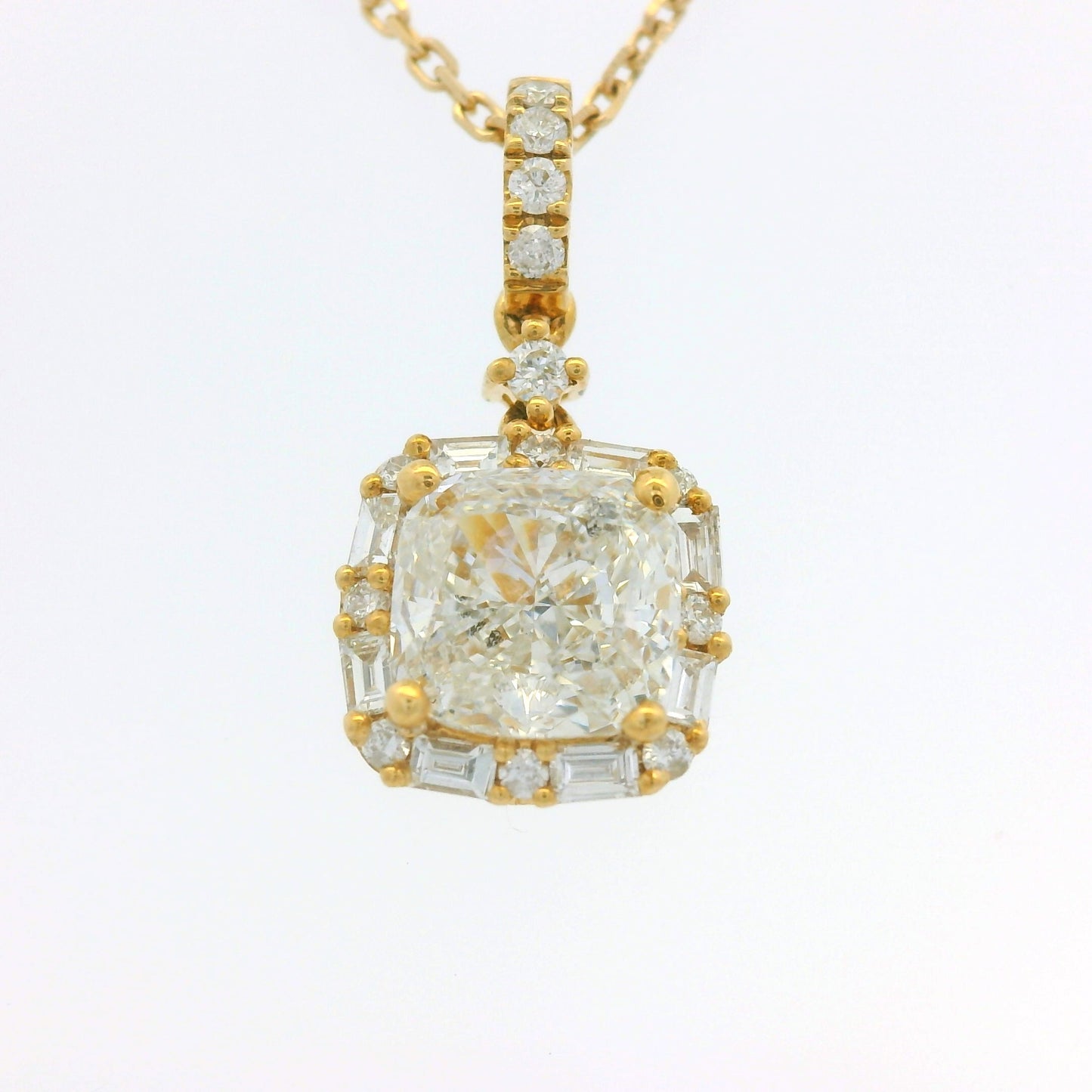 GIA 18K Yellow Gold 1.00 Carat Cushion Cut Diamond Halo Pendant Necklace