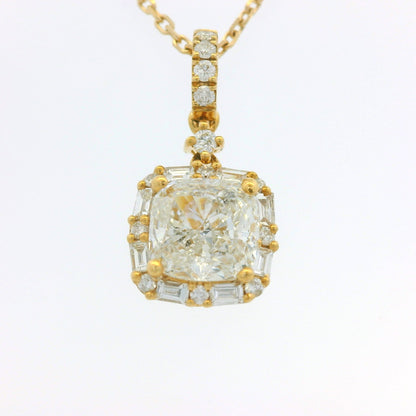 GIA 18K Yellow Gold 1.00 Carat Cushion Cut Diamond Halo Pendant Necklace