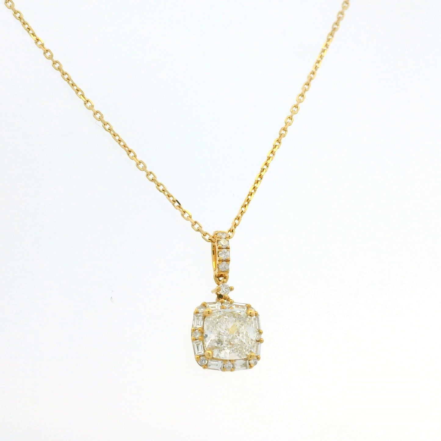 GIA 18K Yellow Gold 1.00 Carat Cushion Cut Diamond Halo Pendant Necklace