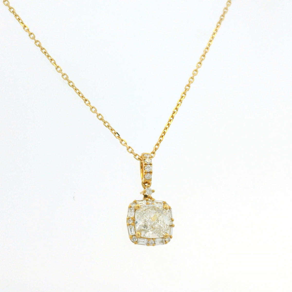 GIA 18K Yellow Gold 1.00 Carat Cushion Cut Diamond Halo Pendant Necklace — product photo 2