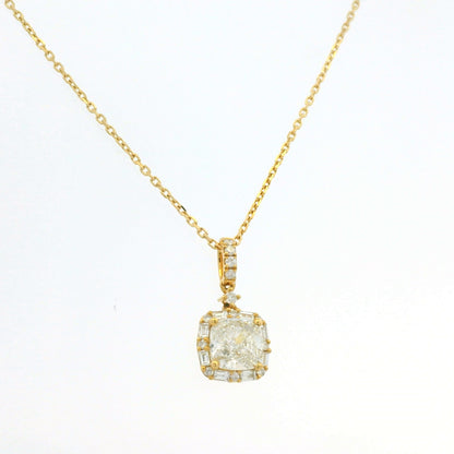 GIA 18K Yellow Gold 1.00 Carat Cushion Cut Diamond Halo Pendant Necklace