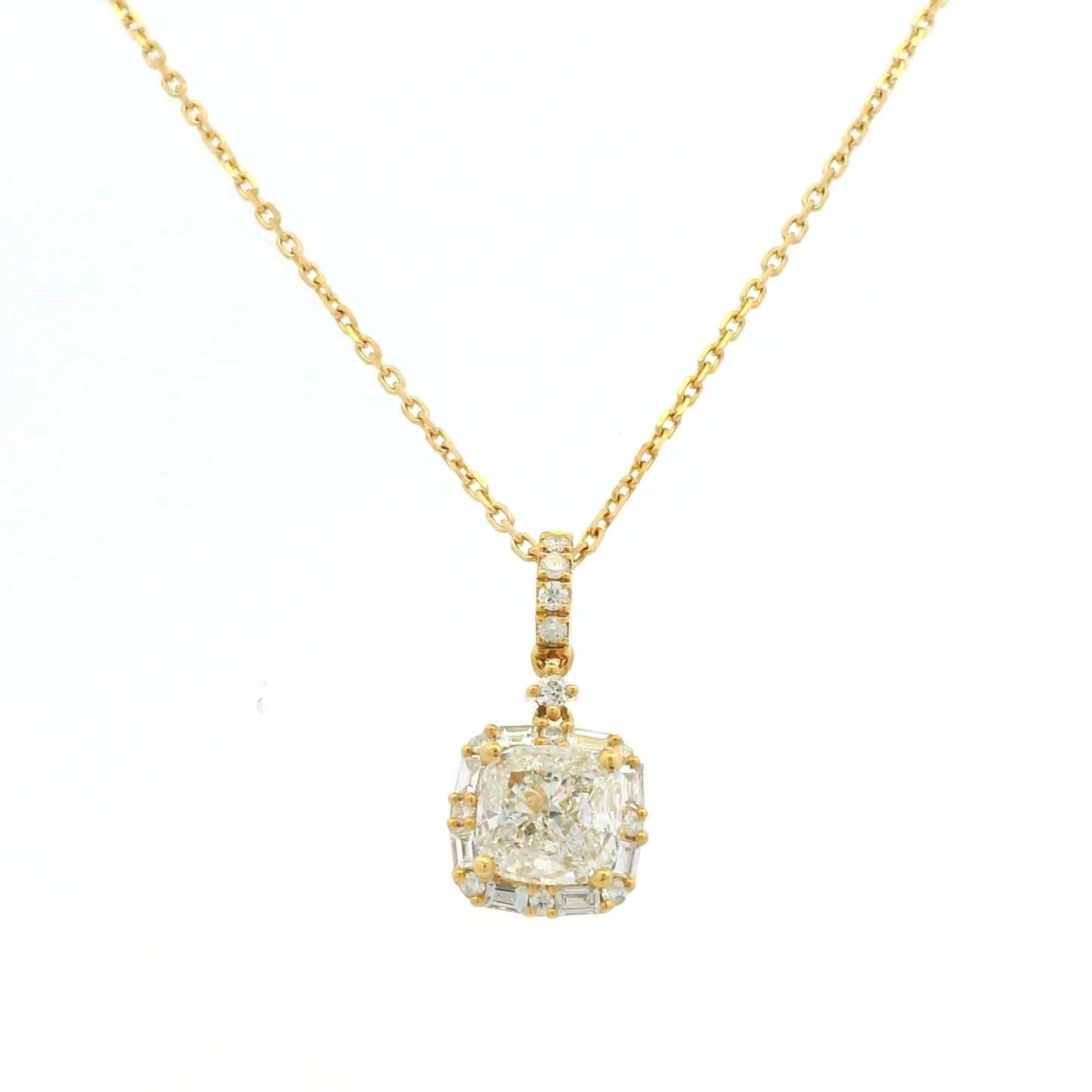 GIA 18K Yellow Gold 1.00 Carat Cushion Cut Diamond Halo Pendant Necklace