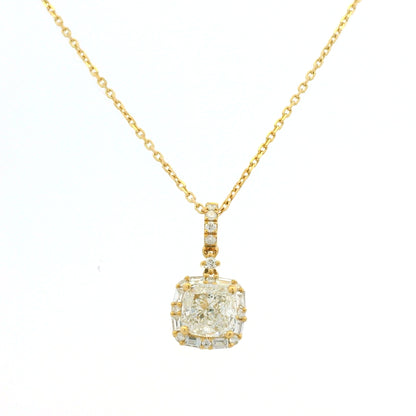 GIA 18K Yellow Gold 1.00 Carat Cushion Cut Diamond Halo Pendant Necklace