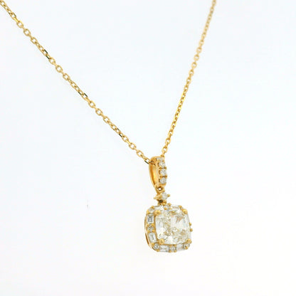 GIA 18K Yellow Gold 1.00 Carat Cushion Cut Diamond Halo Pendant Necklace