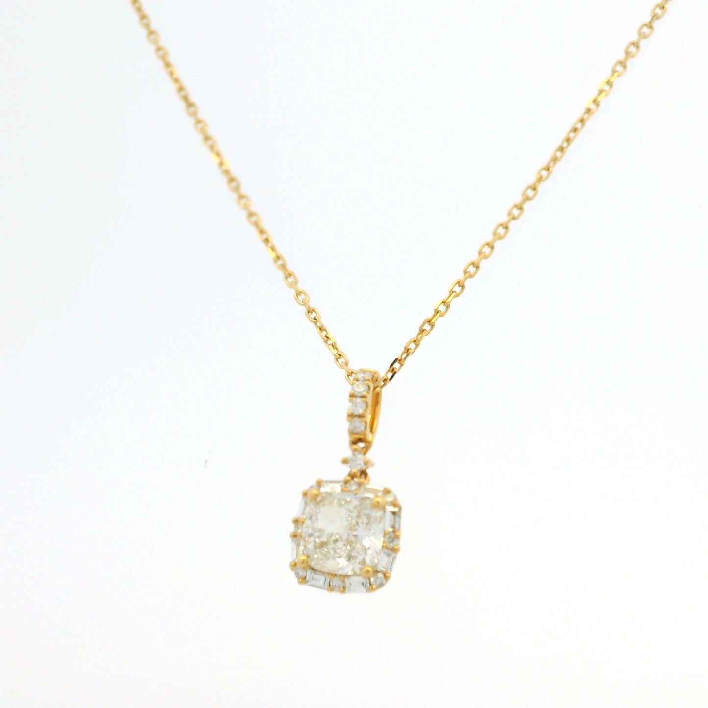 GIA 18K Yellow Gold 1.00 Carat Cushion Cut Diamond Halo Pendant Necklace