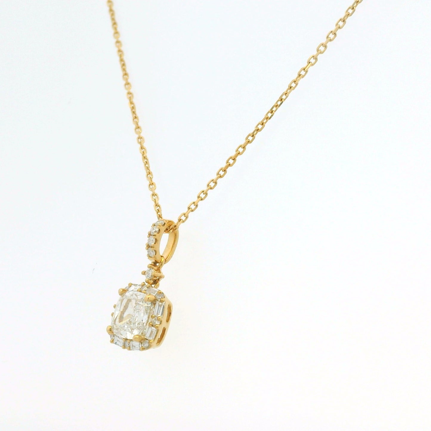 GIA 18K Yellow Gold 1.00 Carat Cushion Cut Diamond Halo Pendant Necklace
